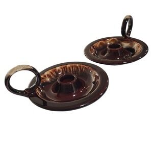 Vintage Brown Drip Glaze Set 2 Fingerhold Candle Holders Farmhouse Cabin Cottage